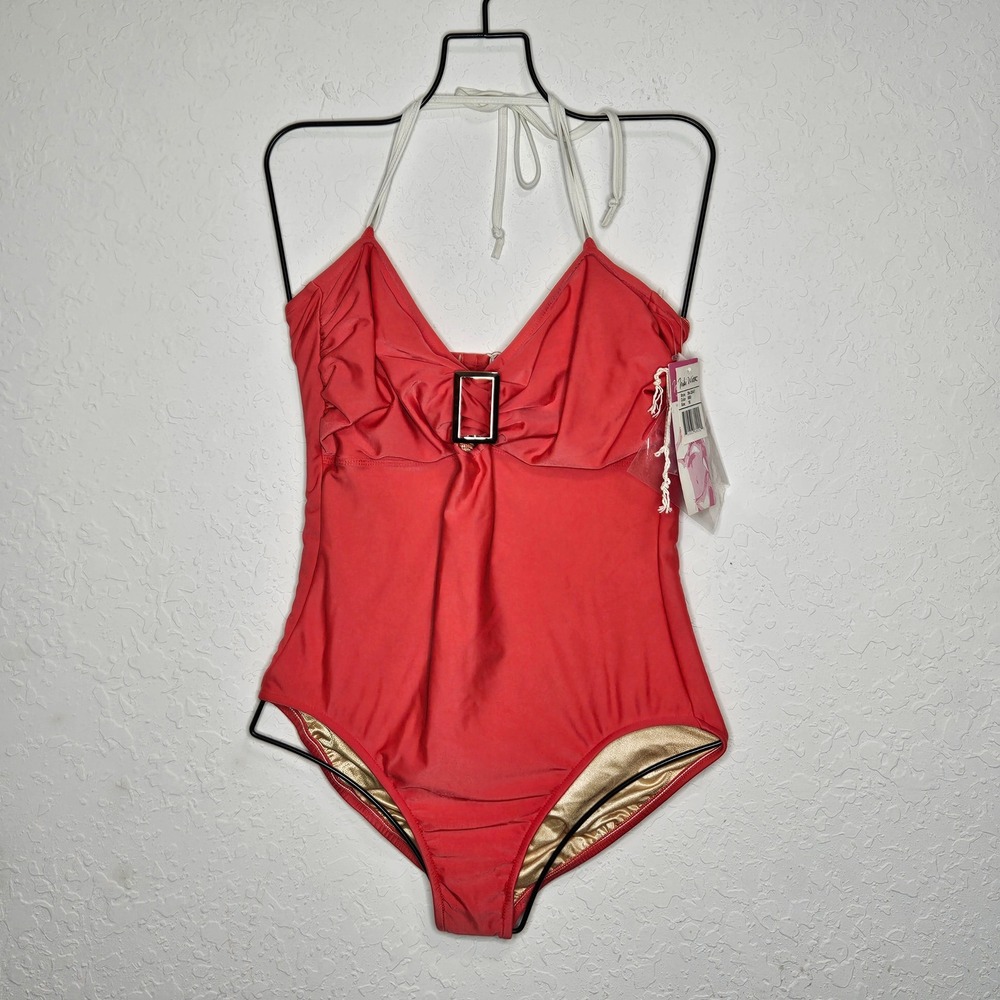 Niki Wior Women Red Halter Pin Up One Piece Swimsuit Buckle Detail Size 16 NEW